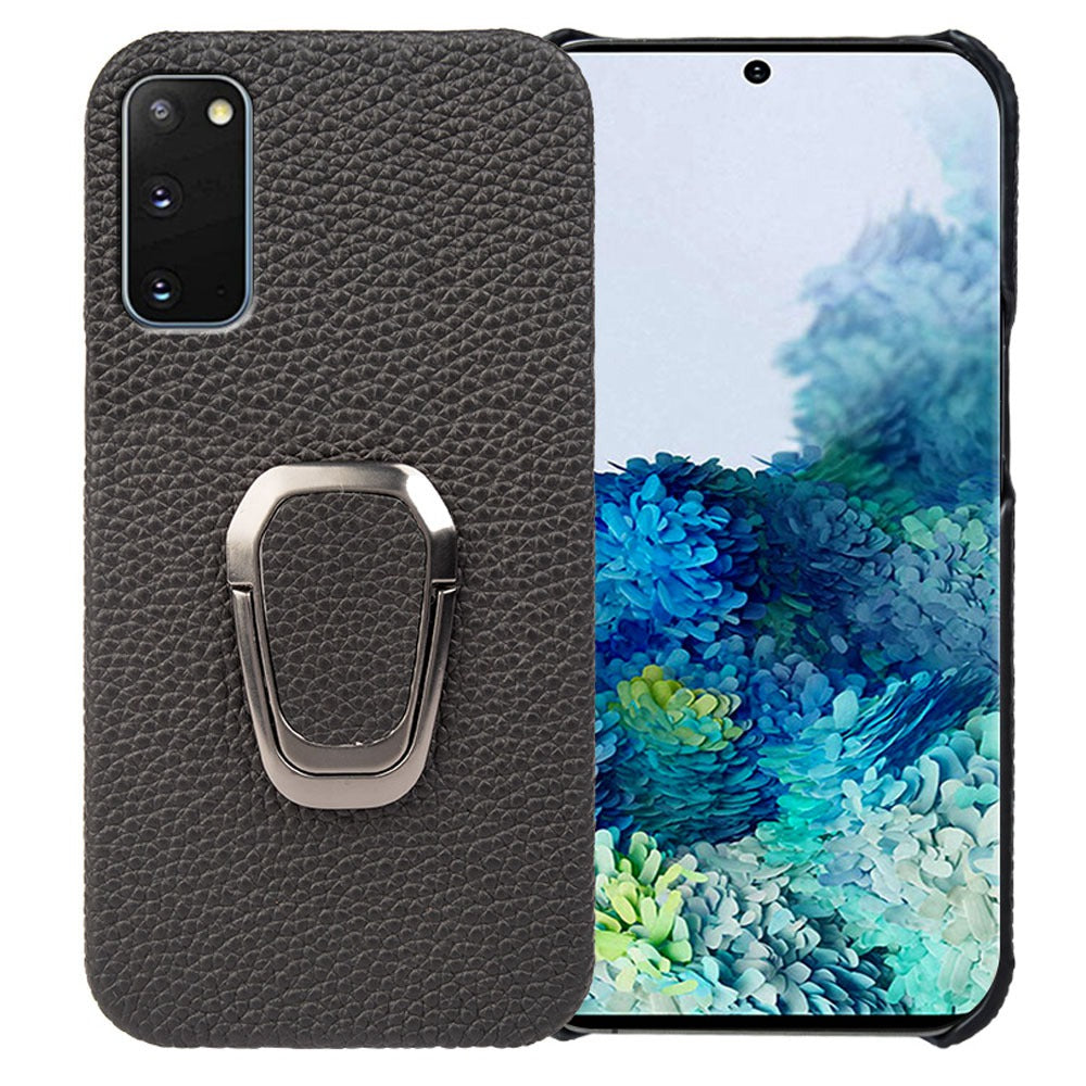 For Samsung Galaxy S20 4G / 5G Ring Kickstand Back Case Litchi Texture Genuine Leather Coated PC Phone Shockproof Cover - Black