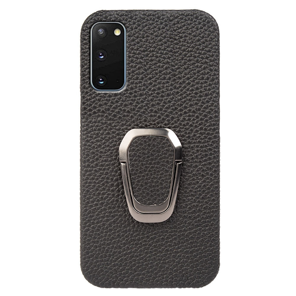 For Samsung Galaxy S20 4G / 5G Ring Kickstand Back Case Litchi Texture Genuine Leather Coated PC Phone Shockproof Cover - Black