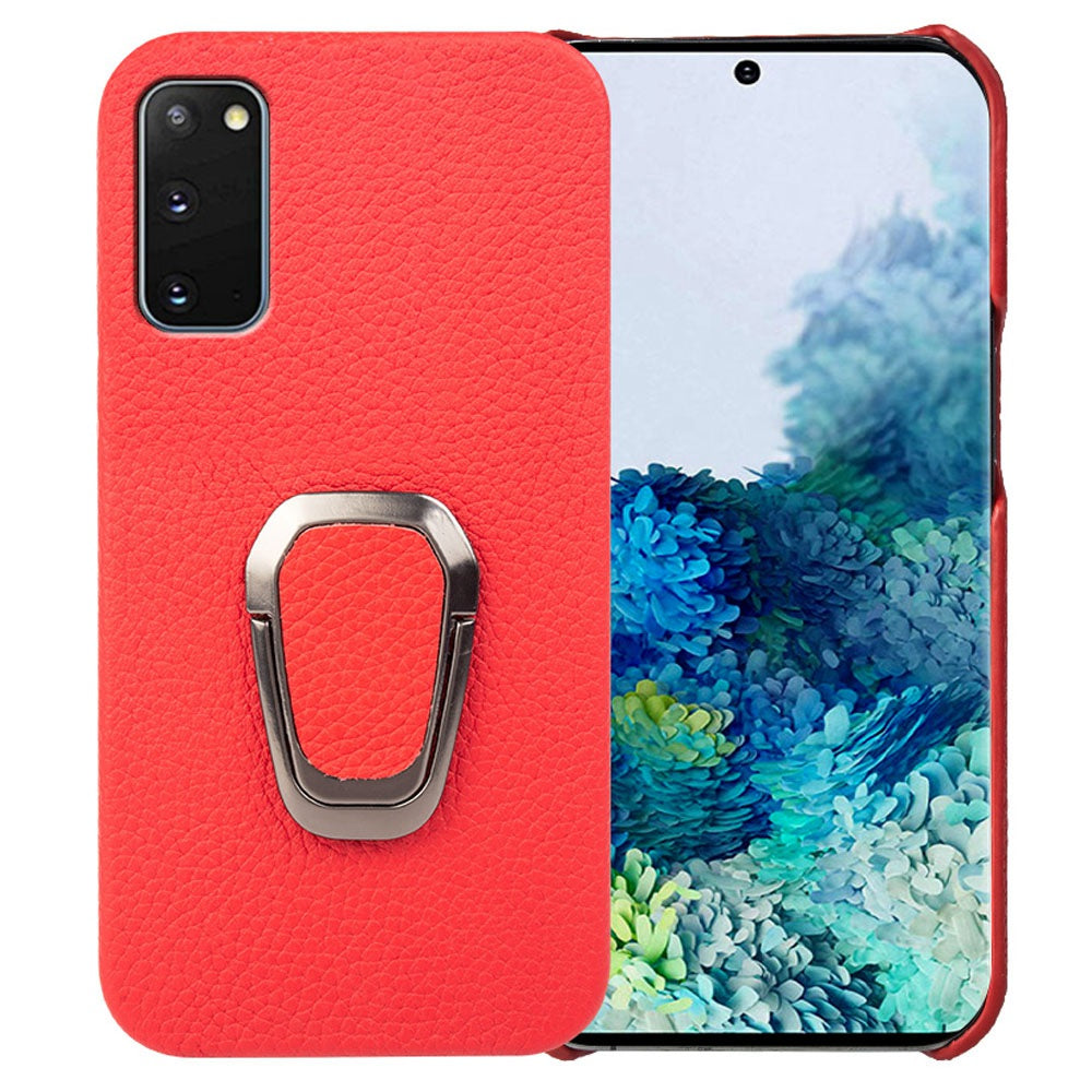 For Samsung Galaxy S20 4G / 5G Ring Kickstand Back Case Litchi Texture Genuine Leather Coated PC Phone Shockproof Cover - Red