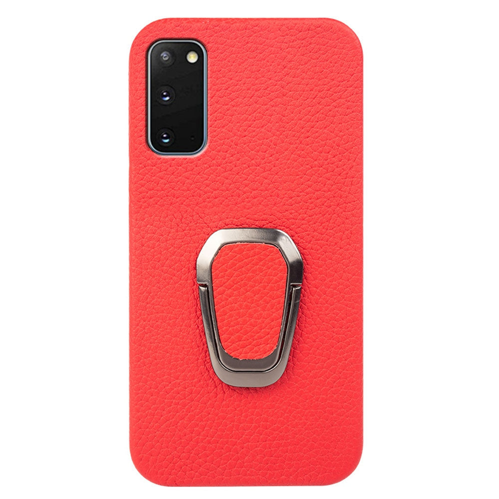 For Samsung Galaxy S20 4G / 5G Ring Kickstand Back Case Litchi Texture Genuine Leather Coated PC Phone Shockproof Cover - Red