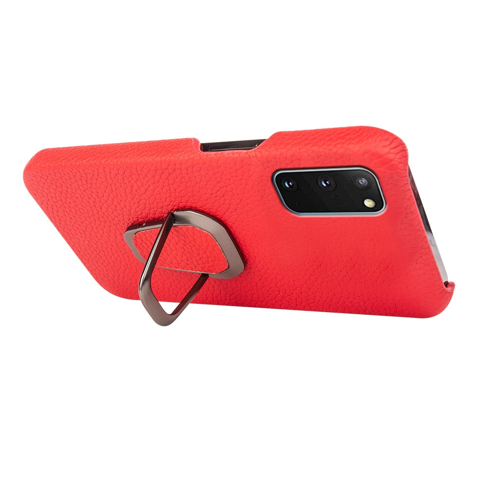 For Samsung Galaxy S20 4G / 5G Ring Kickstand Back Case Litchi Texture Genuine Leather Coated PC Phone Shockproof Cover - Red