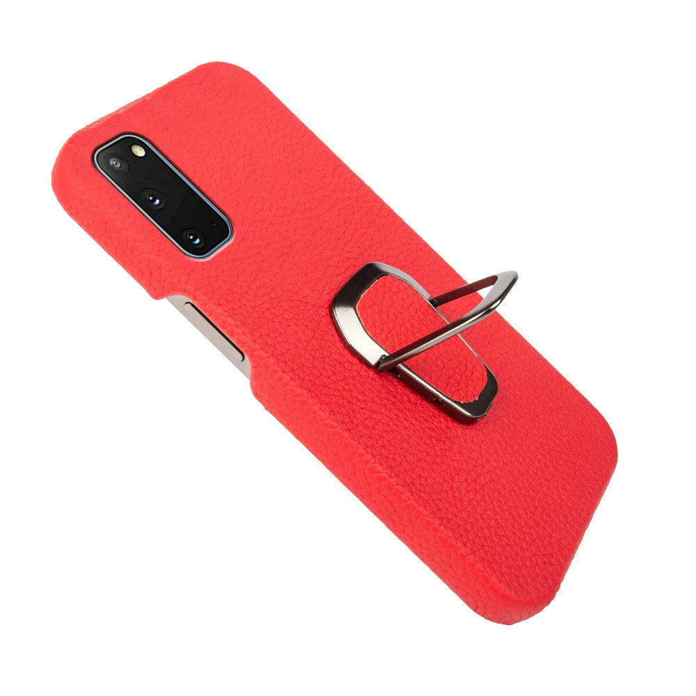 For Samsung Galaxy S20 4G / 5G Ring Kickstand Back Case Litchi Texture Genuine Leather Coated PC Phone Shockproof Cover - Red