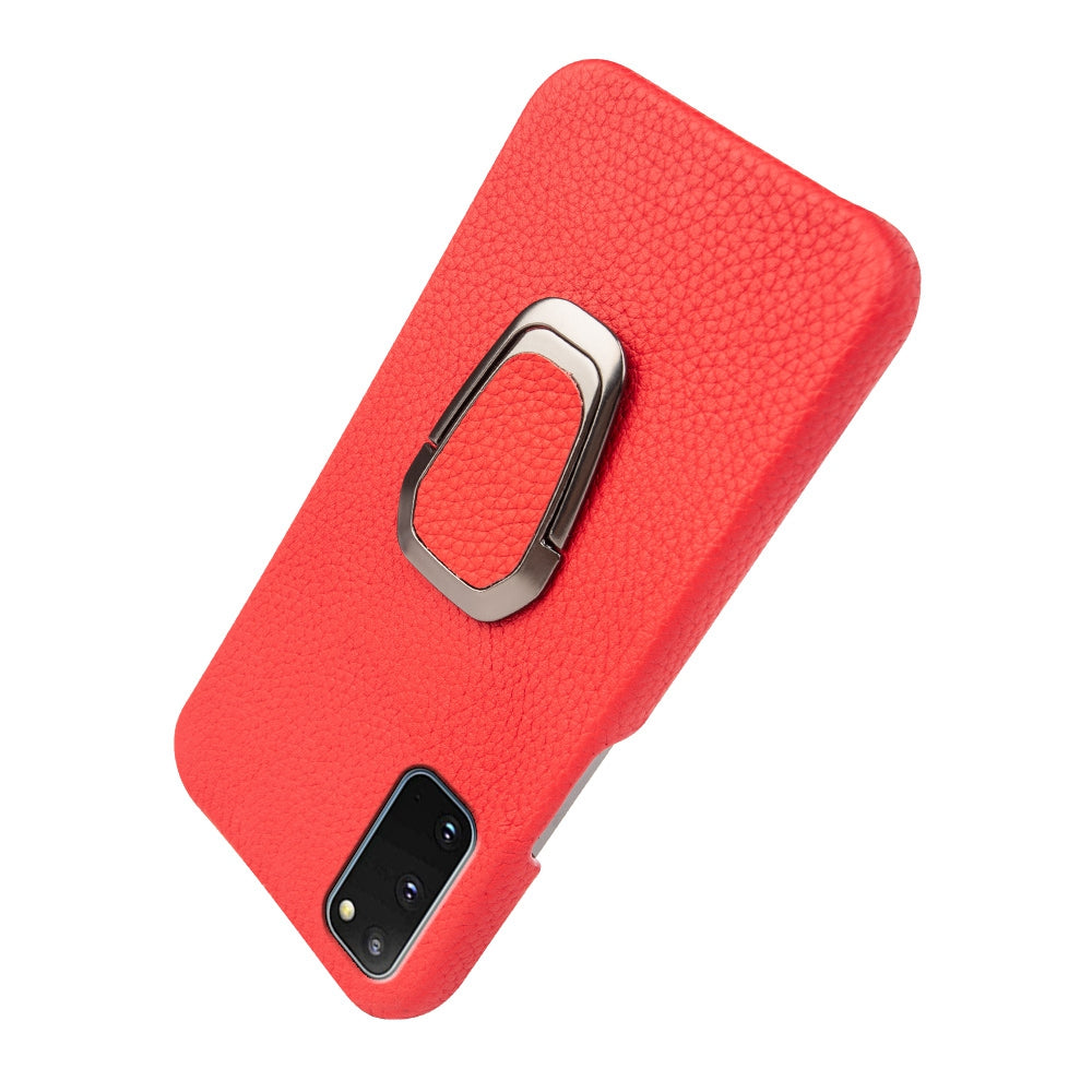 For Samsung Galaxy S20 4G / 5G Ring Kickstand Back Case Litchi Texture Genuine Leather Coated PC Phone Shockproof Cover - Red