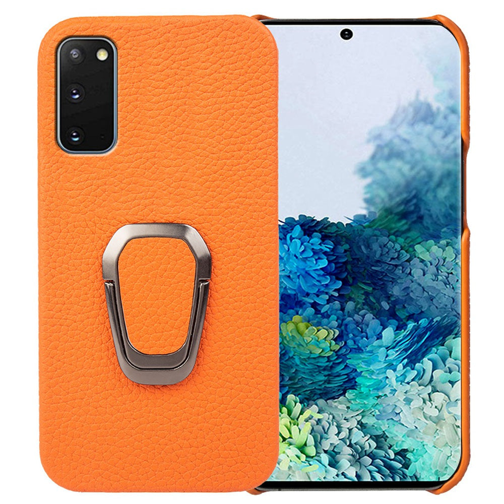 For Samsung Galaxy S20 4G / 5G Ring Kickstand Back Case Litchi Texture Genuine Leather Coated PC Phone Shockproof Cover - Yellow