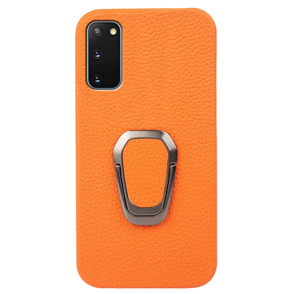 For Samsung Galaxy S20 4G / 5G Ring Kickstand Back Case Litchi Texture Genuine Leather Coated PC Phone Shockproof Cover - Yellow