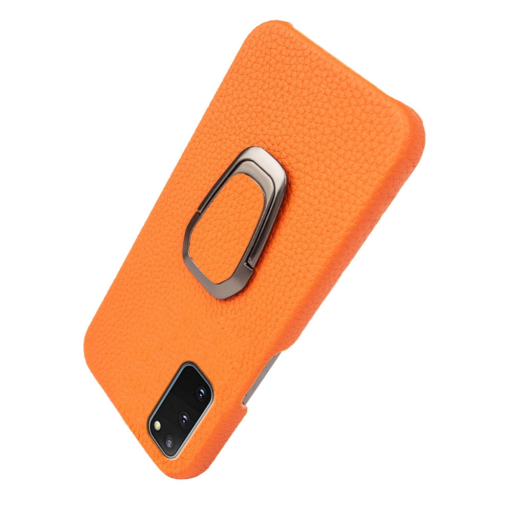 For Samsung Galaxy S20 4G / 5G Ring Kickstand Back Case Litchi Texture Genuine Leather Coated PC Phone Shockproof Cover - Yellow