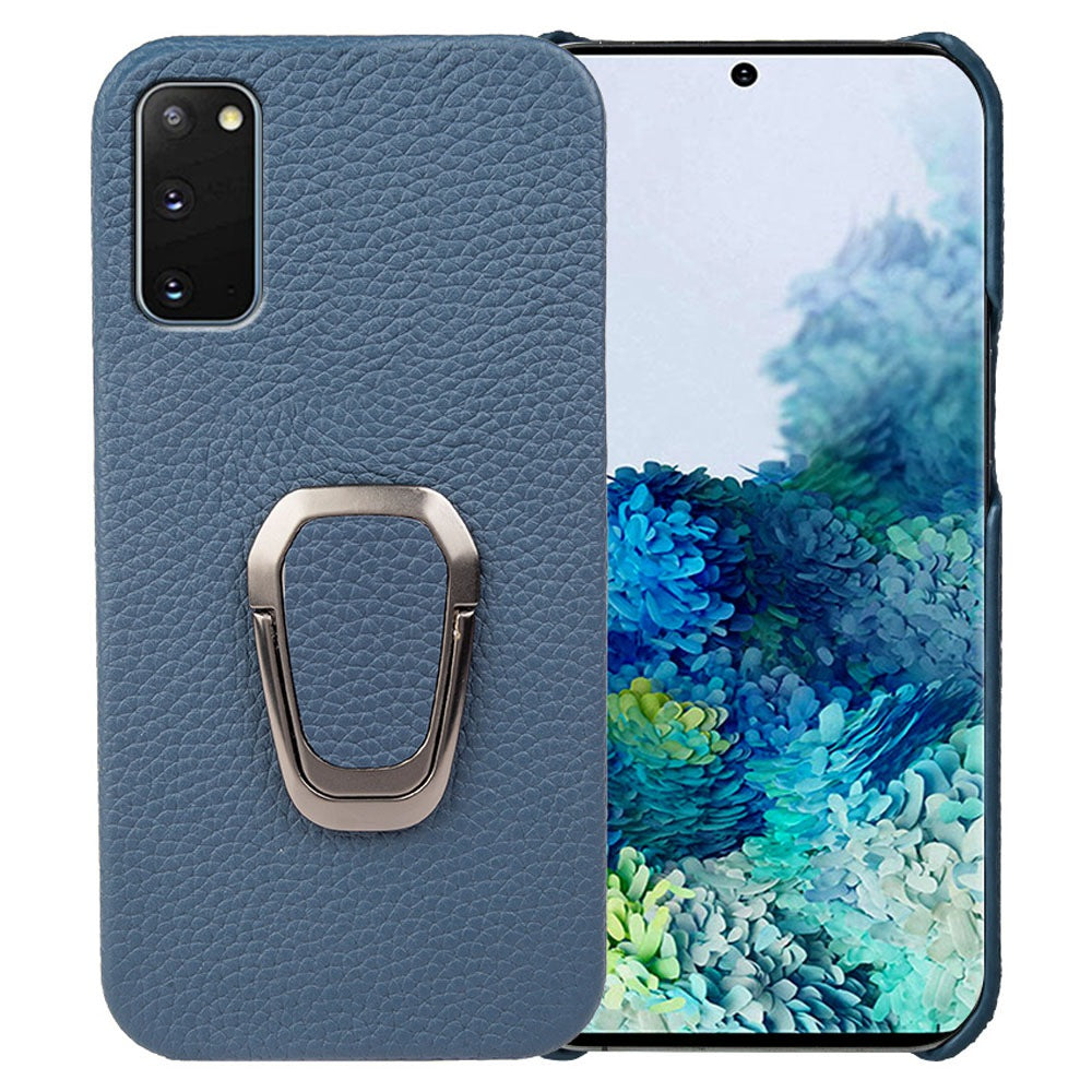 For Samsung Galaxy S20 4G / 5G Ring Kickstand Back Case Litchi Texture Genuine Leather Coated PC Phone Shockproof Cover - Blue