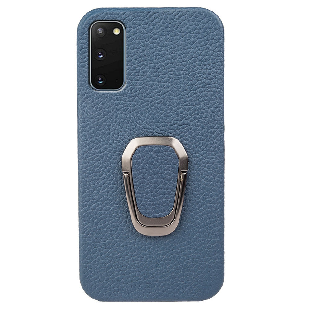 For Samsung Galaxy S20 4G / 5G Ring Kickstand Back Case Litchi Texture Genuine Leather Coated PC Phone Shockproof Cover - Blue