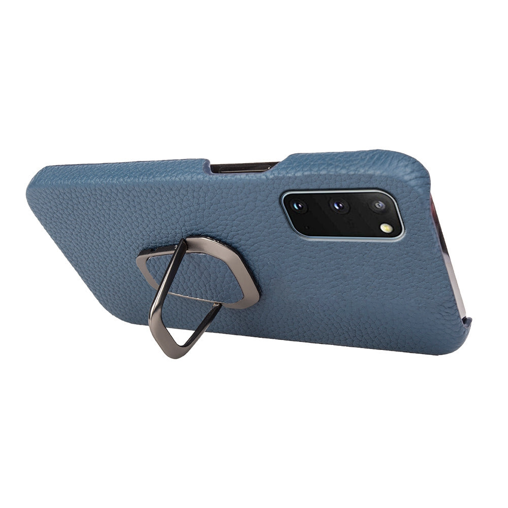 For Samsung Galaxy S20 4G / 5G Ring Kickstand Back Case Litchi Texture Genuine Leather Coated PC Phone Shockproof Cover - Blue