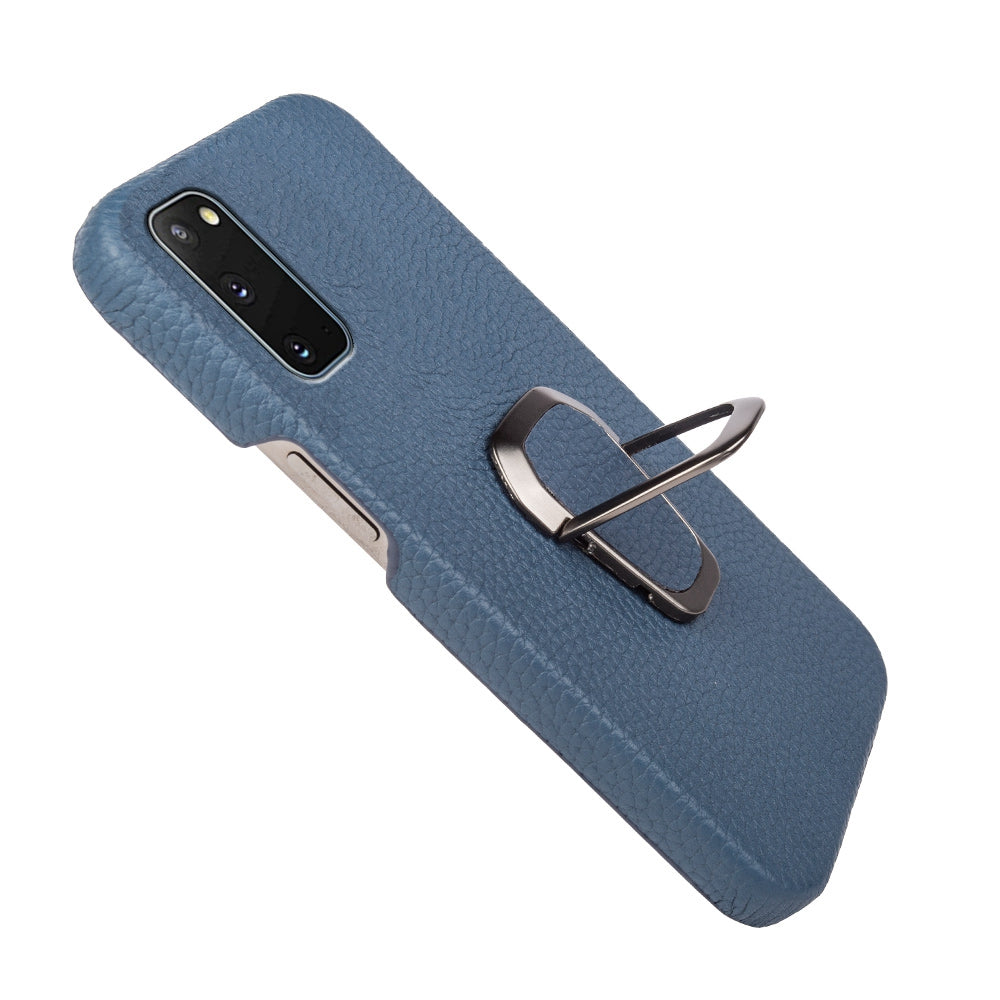 For Samsung Galaxy S20 4G / 5G Ring Kickstand Back Case Litchi Texture Genuine Leather Coated PC Phone Shockproof Cover - Blue