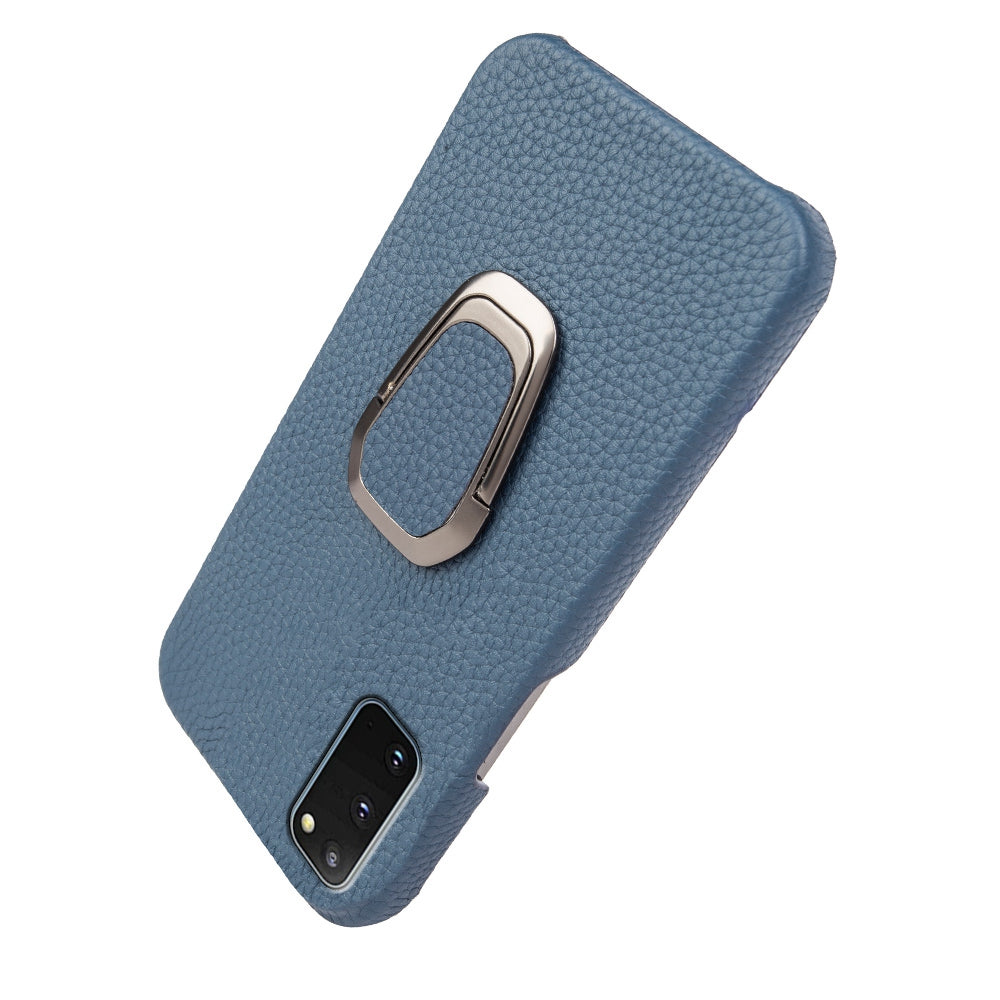 For Samsung Galaxy S20 4G / 5G Ring Kickstand Back Case Litchi Texture Genuine Leather Coated PC Phone Shockproof Cover - Blue