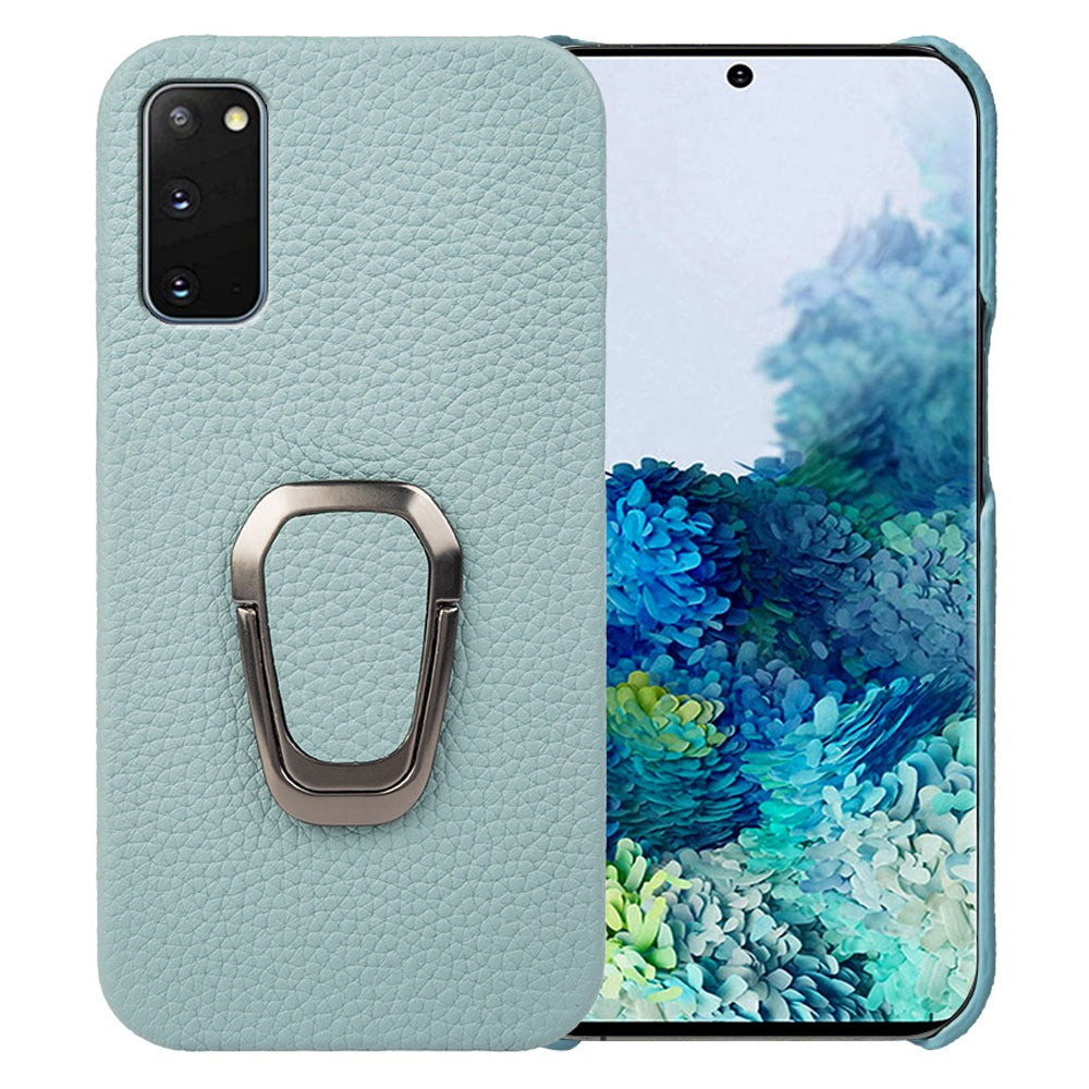 For Samsung Galaxy S20 4G / 5G Ring Kickstand Back Case Litchi Texture Genuine Leather Coated PC Phone Shockproof Cover - Cyan