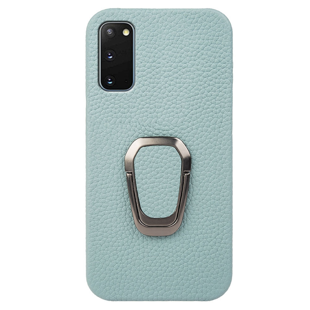 For Samsung Galaxy S20 4G / 5G Ring Kickstand Back Case Litchi Texture Genuine Leather Coated PC Phone Shockproof Cover - Cyan