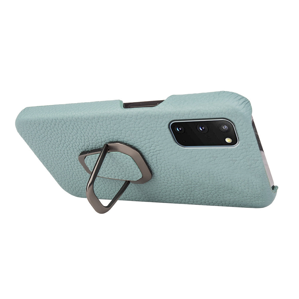 For Samsung Galaxy S20 4G / 5G Ring Kickstand Back Case Litchi Texture Genuine Leather Coated PC Phone Shockproof Cover - Cyan