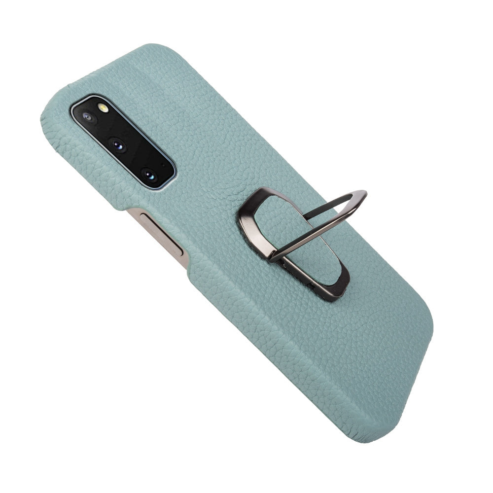 For Samsung Galaxy S20 4G / 5G Ring Kickstand Back Case Litchi Texture Genuine Leather Coated PC Phone Shockproof Cover - Cyan