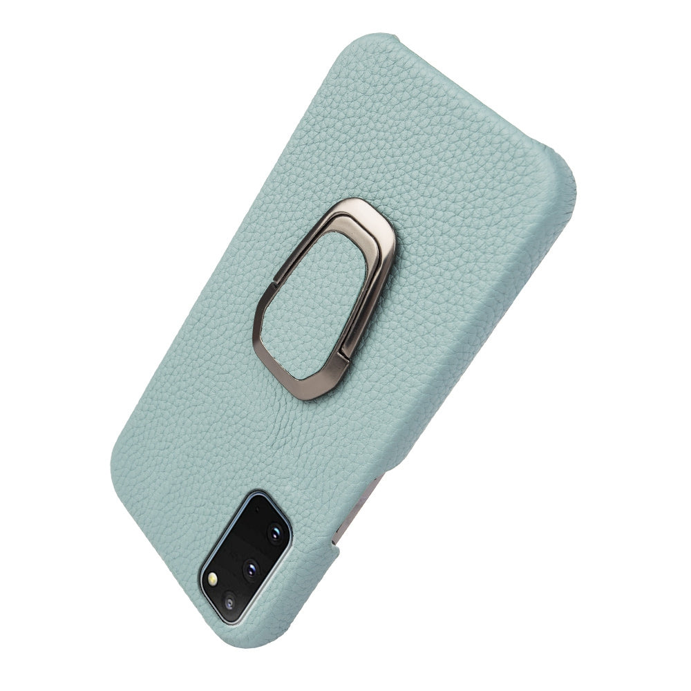 For Samsung Galaxy S20 4G / 5G Ring Kickstand Back Case Litchi Texture Genuine Leather Coated PC Phone Shockproof Cover - Cyan