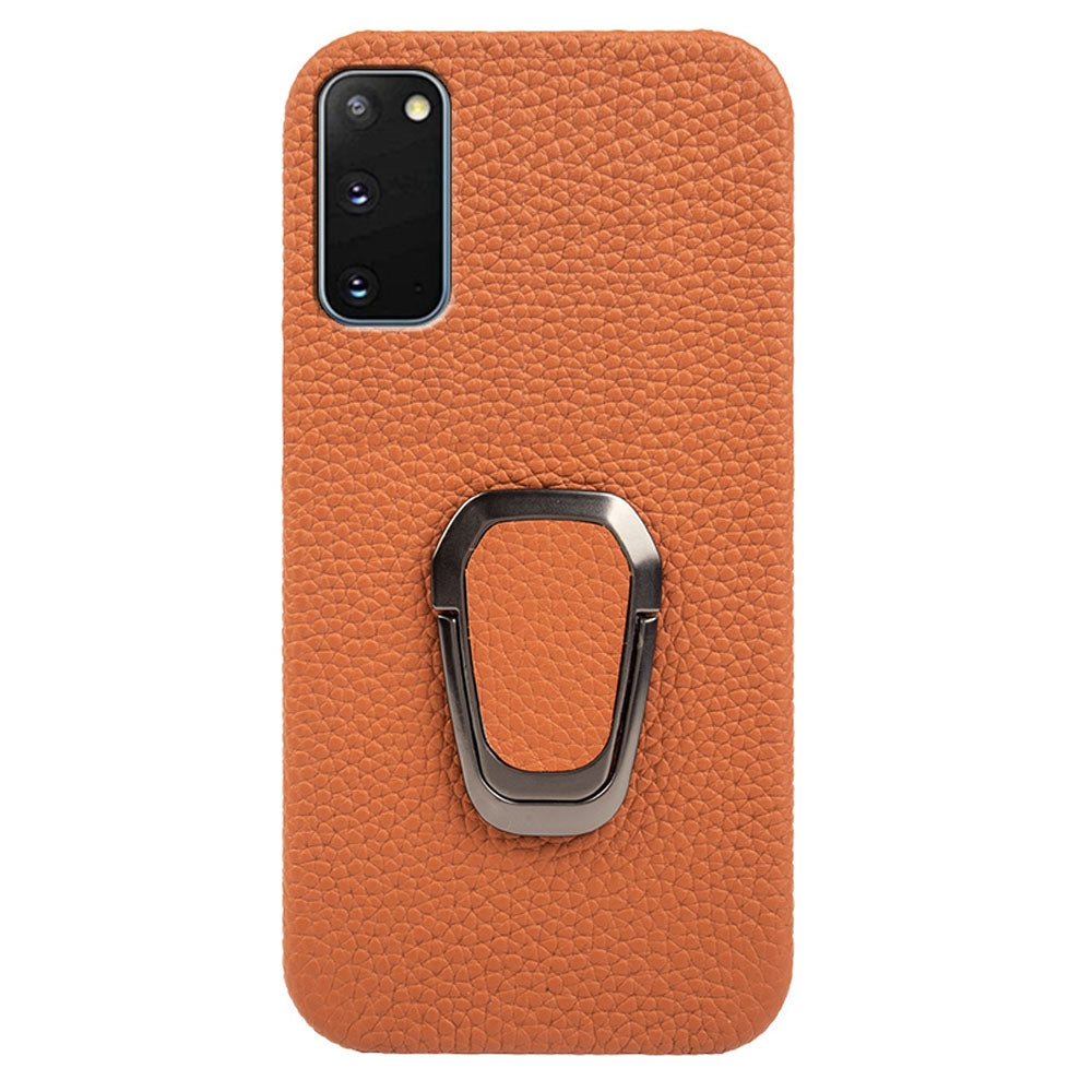 For Samsung Galaxy S20 4G / 5G Ring Kickstand Back Case Litchi Texture Genuine Leather Coated PC Phone Shockproof Cover - Brown