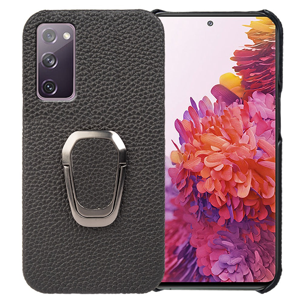 For Samsung Galaxy S20 FE 5G / S20 FE / S20 FE 2022 / S20 Lite Litchi Texture Genuine Leather Coated PC Case Kickstand Phone Cover - Black