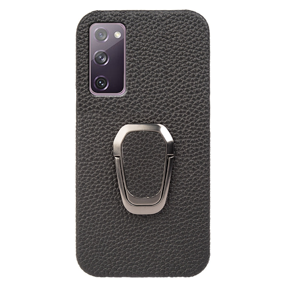 For Samsung Galaxy S20 FE 5G / S20 FE / S20 FE 2022 / S20 Lite Litchi Texture Genuine Leather Coated PC Case Kickstand Phone Cover - Black