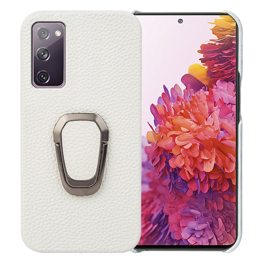 For Samsung Galaxy S20 FE 5G / S20 FE / S20 FE 2022 / S20 Lite Litchi Texture Genuine Leather Coated PC Case Kickstand Phone Cover - White