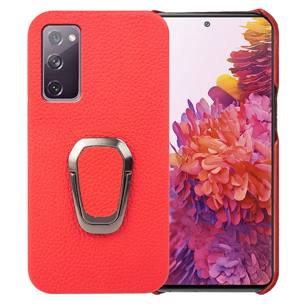 For Samsung Galaxy S20 FE 5G / S20 FE / S20 FE 2022 / S20 Lite Litchi Texture Genuine Leather Coated PC Case Kickstand Phone Cover - Red