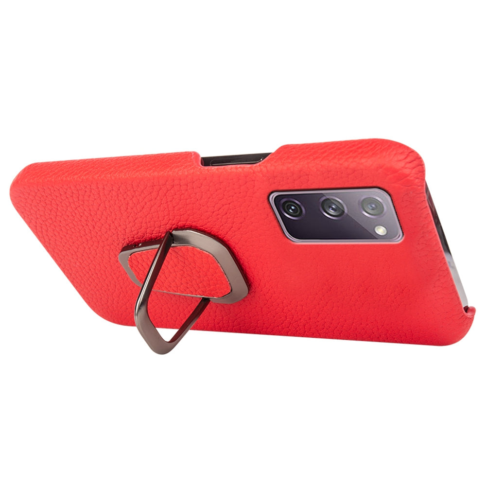 For Samsung Galaxy S20 FE 5G / S20 FE / S20 FE 2022 / S20 Lite Litchi Texture Genuine Leather Coated PC Case Kickstand Phone Cover - Red