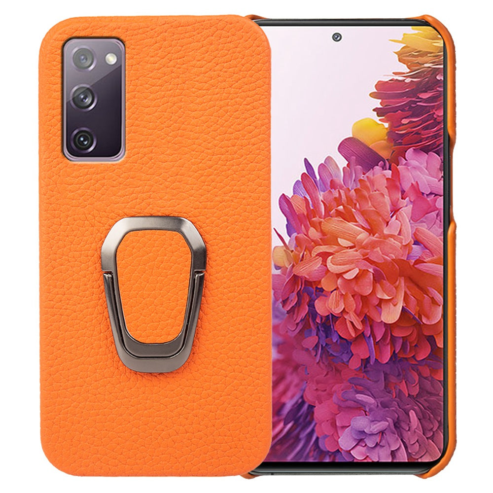 For Samsung Galaxy S20 FE 5G / S20 FE / S20 FE 2022 / S20 Lite Litchi Texture Genuine Leather Coated PC Case Kickstand Phone Cover - Yellow