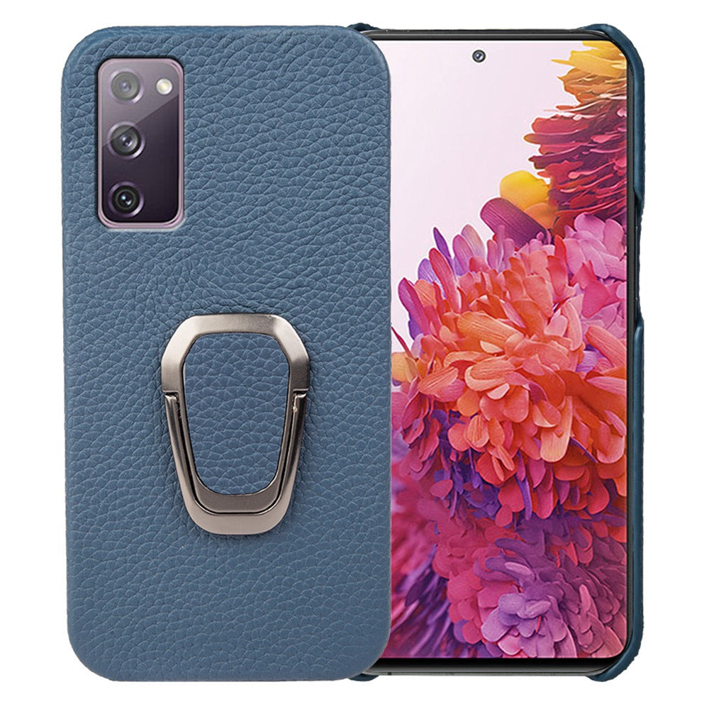 For Samsung Galaxy S20 FE 5G / S20 FE / S20 FE 2022 / S20 Lite Litchi Texture Genuine Leather Coated PC Case Kickstand Phone Cover - Blue