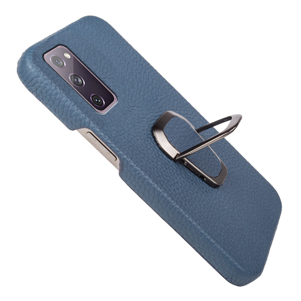 For Samsung Galaxy S20 FE 5G / S20 FE / S20 FE 2022 / S20 Lite Litchi Texture Genuine Leather Coated PC Case Kickstand Phone Cover - Blue