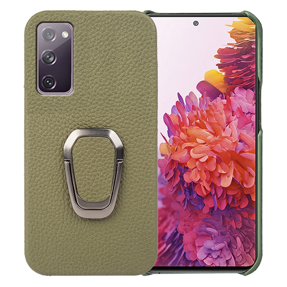 For Samsung Galaxy S20 FE 5G / S20 FE / S20 FE 2022 / S20 Lite Litchi Texture Genuine Leather Coated PC Case Kickstand Phone Cover - Dark Green