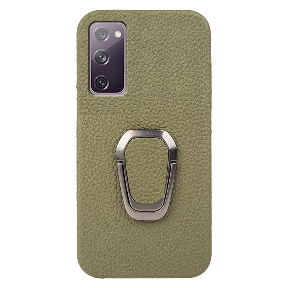 For Samsung Galaxy S20 FE 5G / S20 FE / S20 FE 2022 / S20 Lite Litchi Texture Genuine Leather Coated PC Case Kickstand Phone Cover - Dark Green