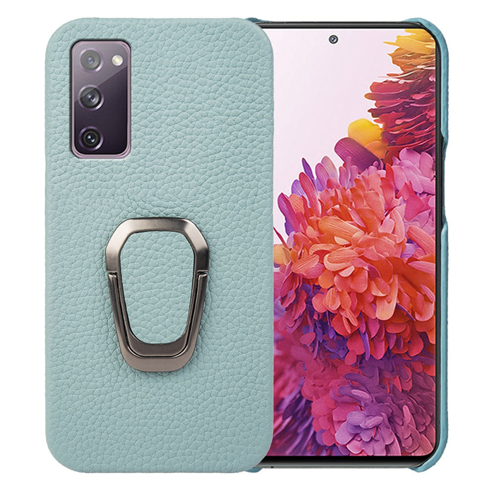 For Samsung Galaxy S20 FE 5G / S20 FE / S20 FE 2022 / S20 Lite Litchi Texture Genuine Leather Coated PC Case Kickstand Phone Cover - Cyan