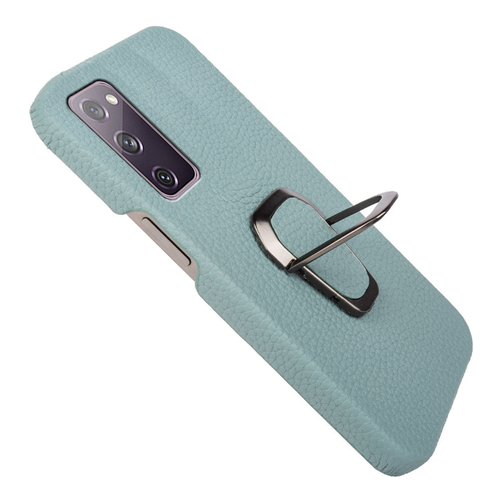 For Samsung Galaxy S20 FE 5G / S20 FE / S20 FE 2022 / S20 Lite Litchi Texture Genuine Leather Coated PC Case Kickstand Phone Cover - Cyan