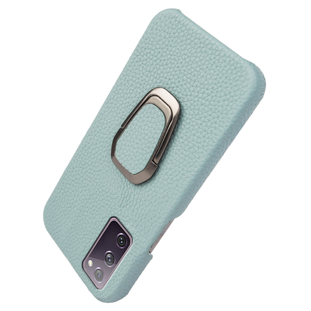 For Samsung Galaxy S20 FE 5G / S20 FE / S20 FE 2022 / S20 Lite Litchi Texture Genuine Leather Coated PC Case Kickstand Phone Cover - Cyan