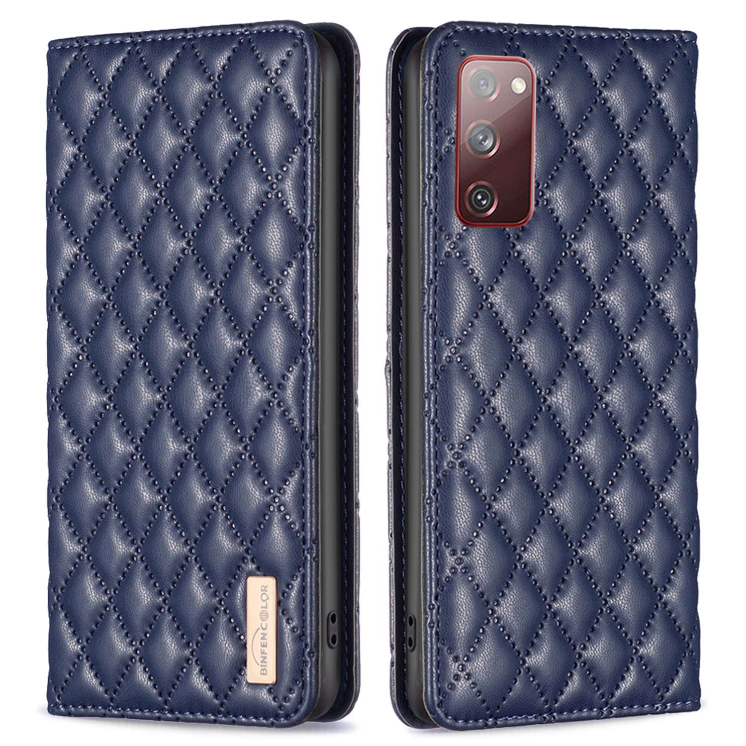 BINFEN COLOR BF Style-16 For Samsung Galaxy S20 FE 5G / S20 FE / S20 FE 2022 / S20 Lite Card Holder Stand PU Leather Case Rhombus Imprinted Protective Phone Cover - Blue