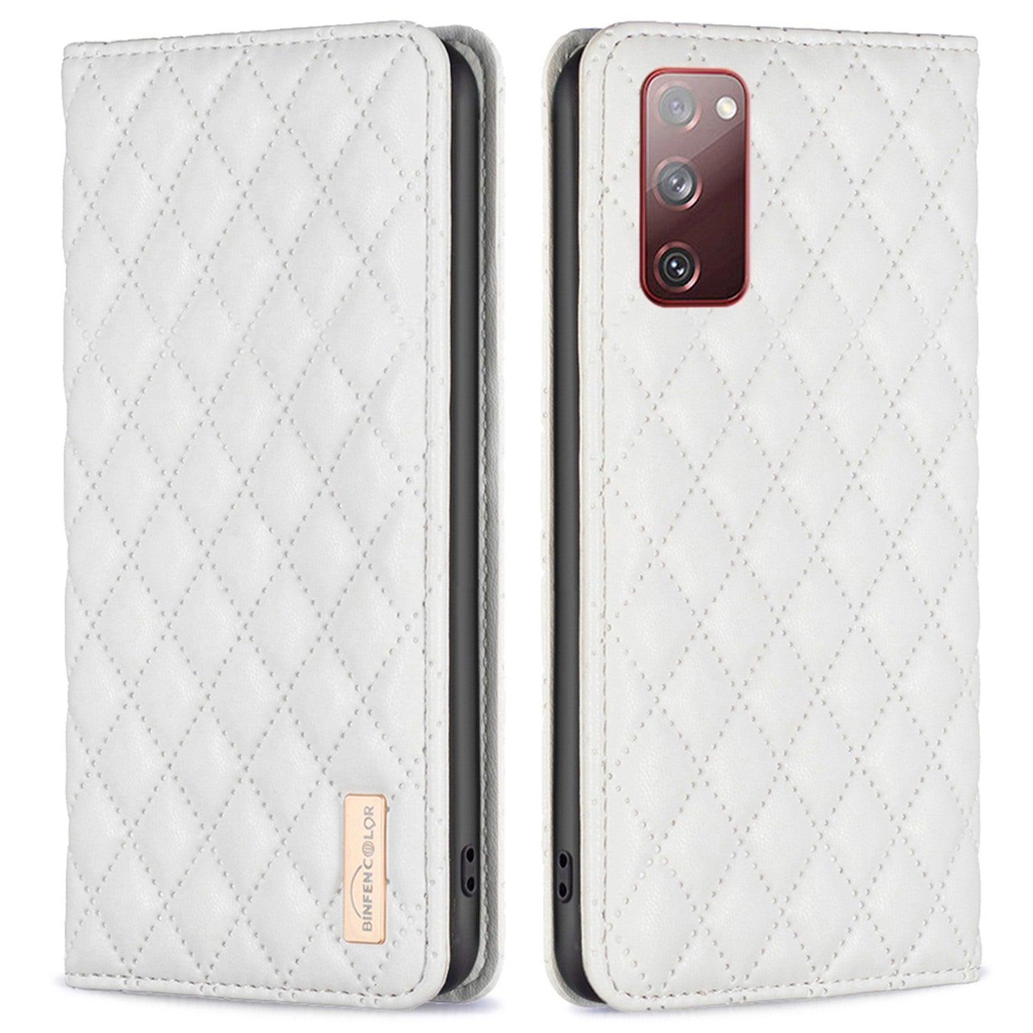 BINFEN COLOR BF Style-16 For Samsung Galaxy S20 FE 5G / S20 FE / S20 FE 2022 / S20 Lite Card Holder Stand PU Leather Case Rhombus Imprinted Protective Phone Cover - White