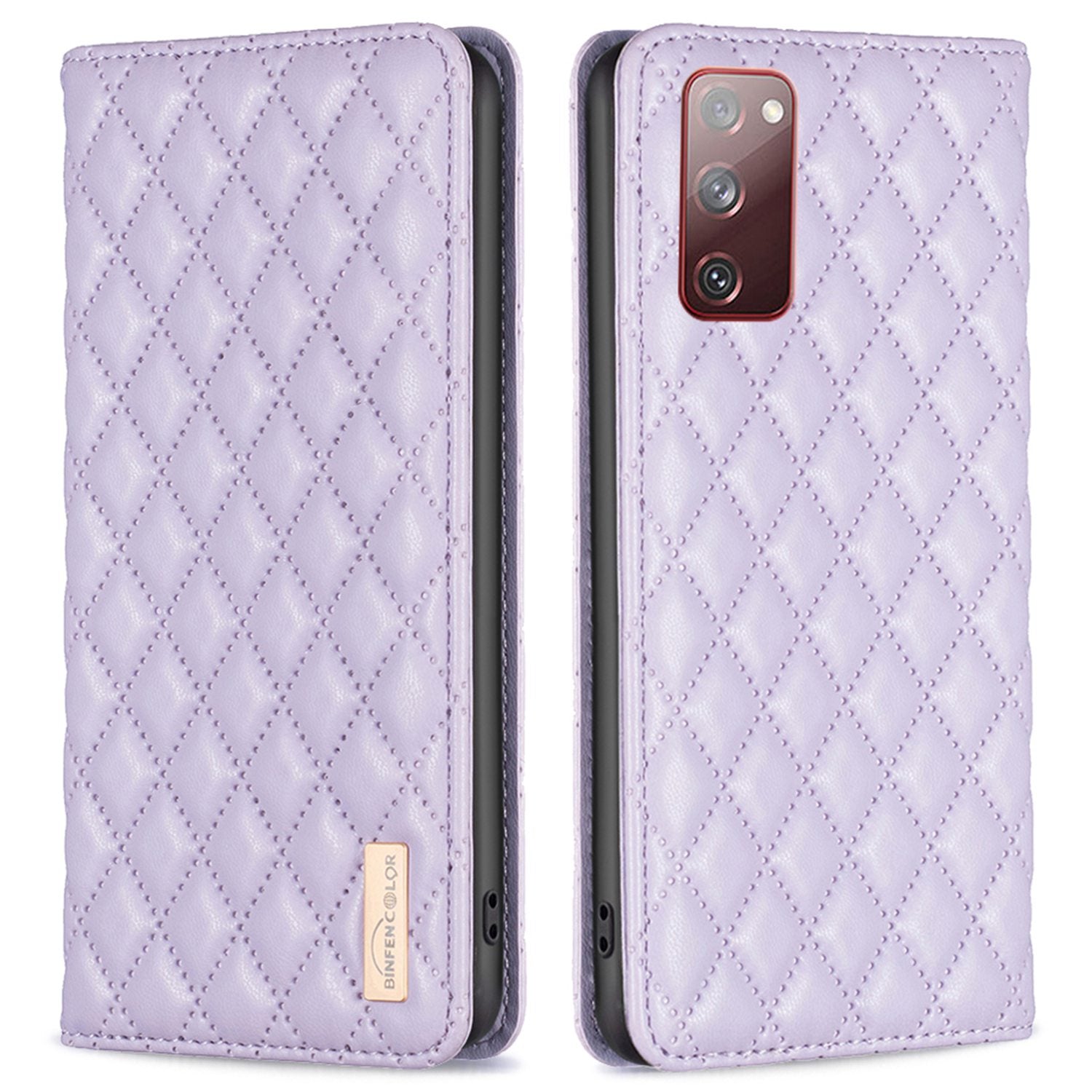 BINFEN COLOR BF Style-16 For Samsung Galaxy S20 FE 5G / S20 FE / S20 FE 2022 / S20 Lite Card Holder Stand PU Leather Case Rhombus Imprinted Protective Phone Cover - Purple