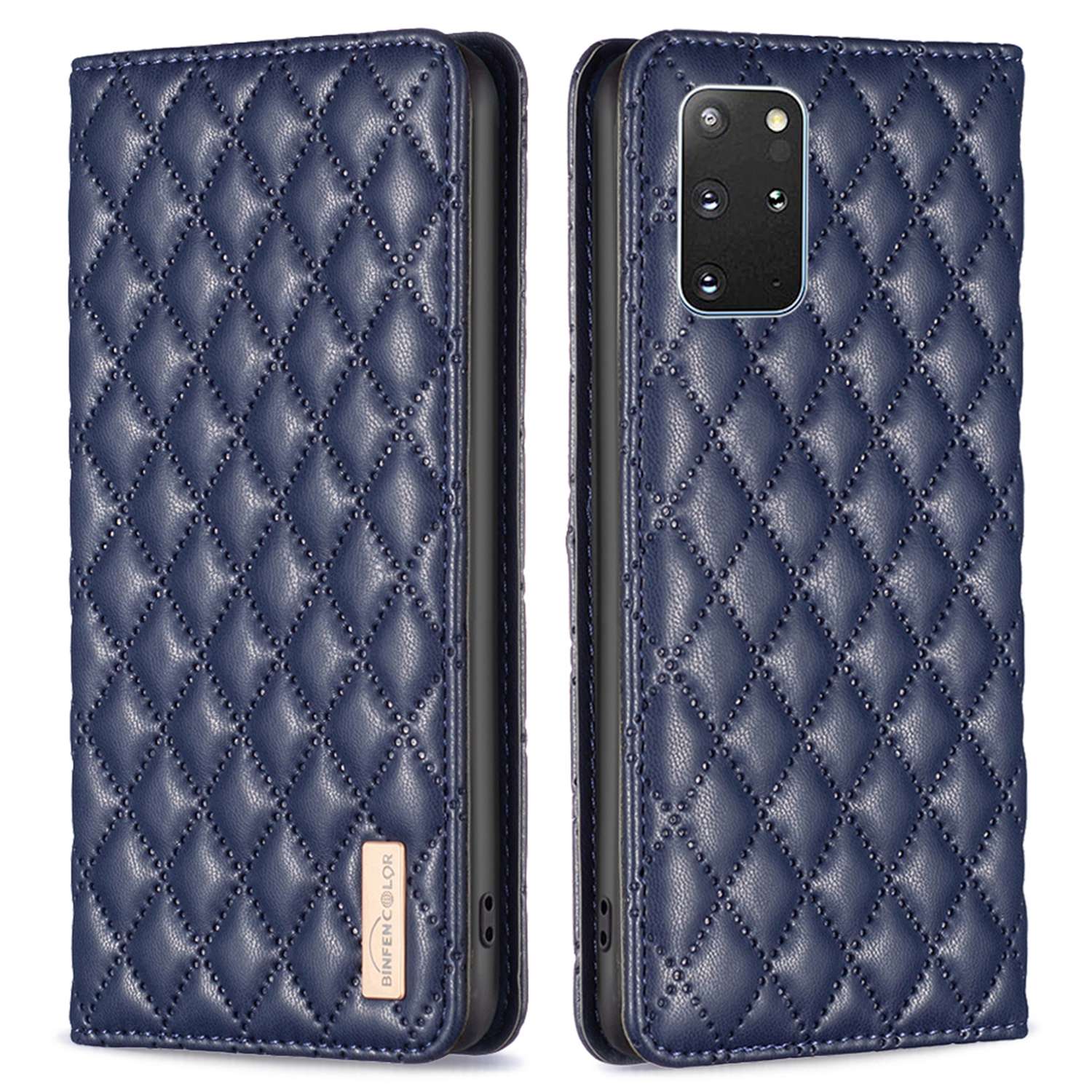 BINFEN COLOR BF Style-16 For Samsung Galaxy S20 Plus 4G / 5G Rhombus Imprinted PU Leather Stand Case Card Holder Magnetic Auto-absorbed Phone Cover - Blue