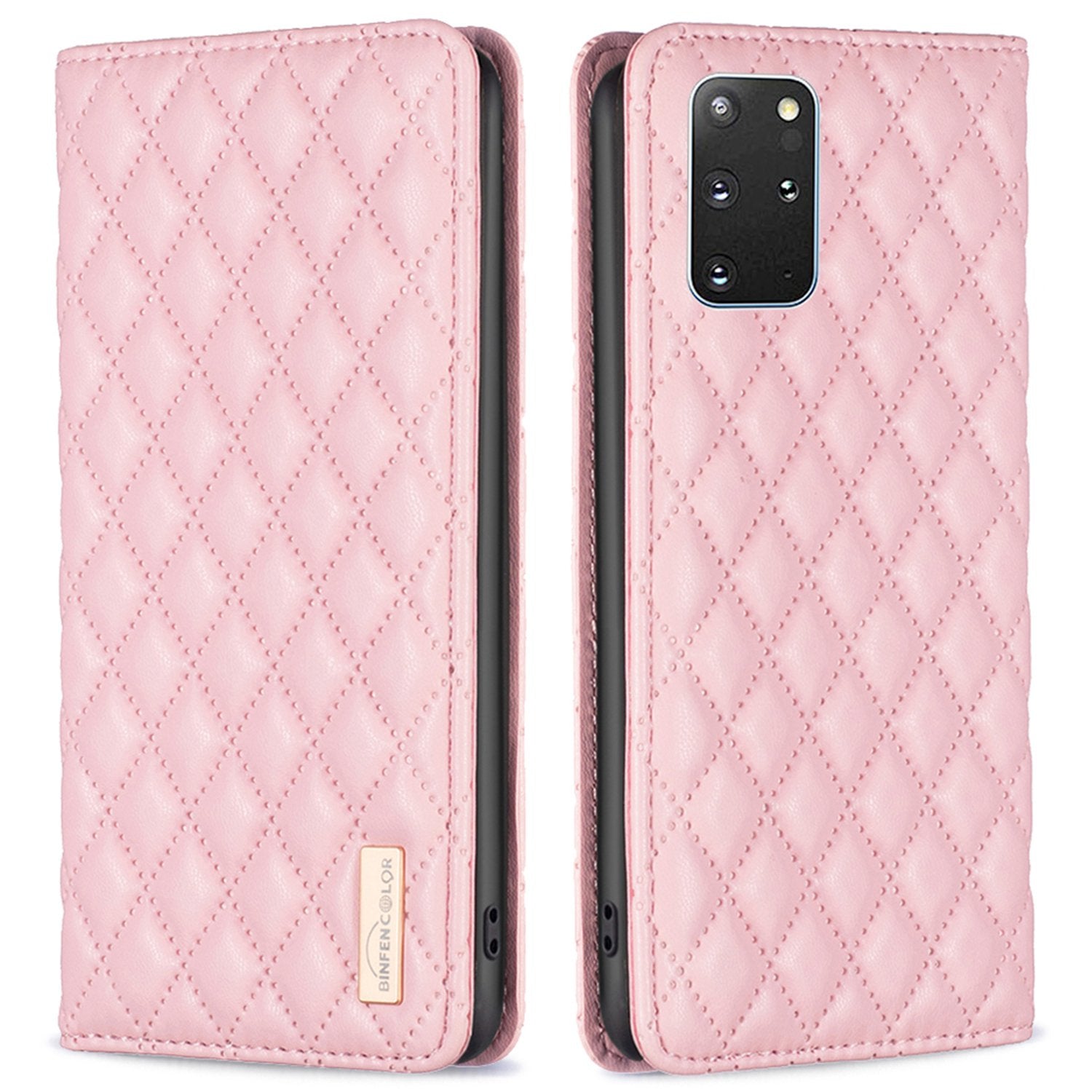 BINFEN COLOR BF Style-16 For Samsung Galaxy S20 Plus 4G / 5G Rhombus Imprinted PU Leather Stand Case Card Holder Magnetic Auto-absorbed Phone Cover - Pink