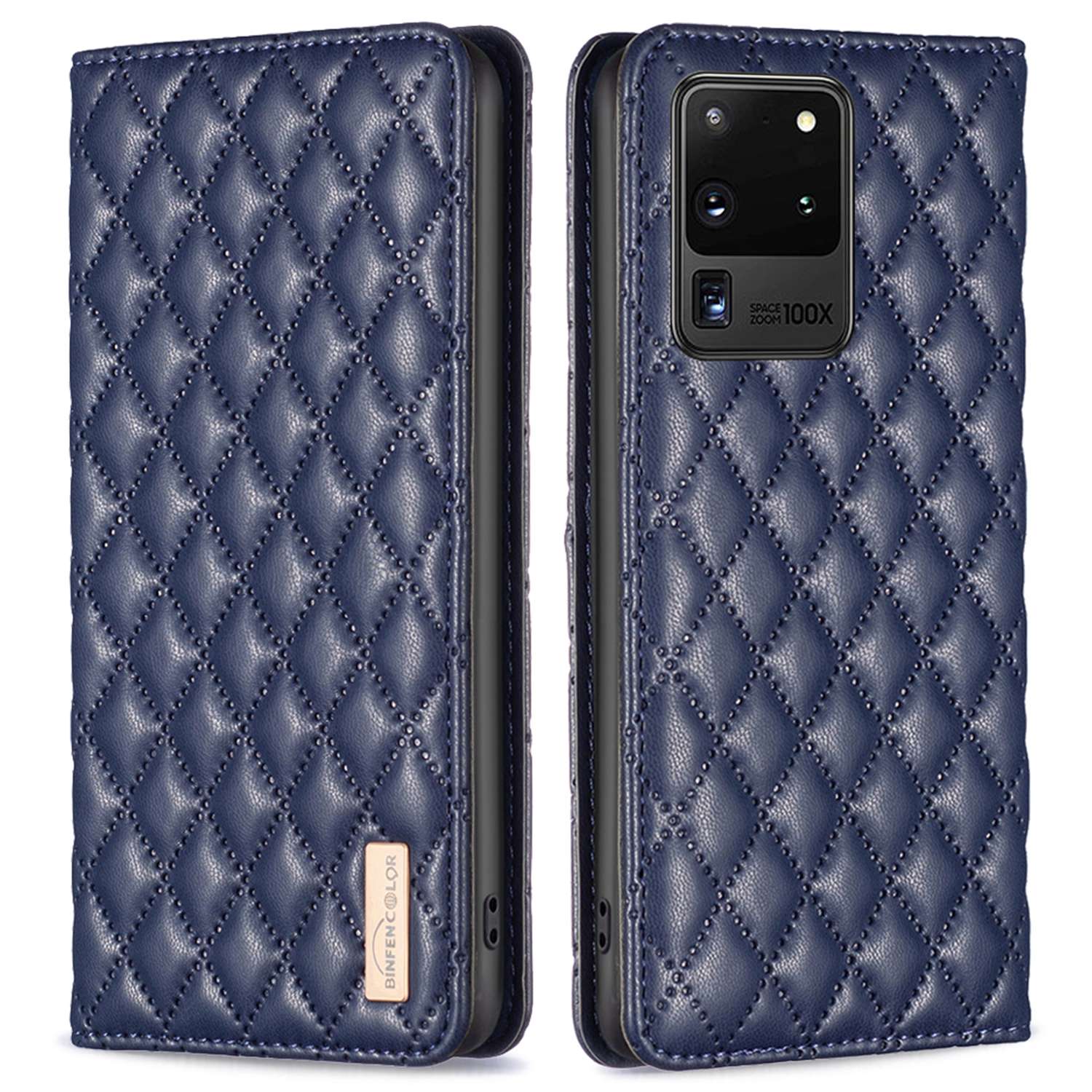 BINFEN COLOR BF Style-16 For Samsung Galaxy S20 Ultra PU Leather Card Holder Phone Case Rhombus Imprinted Magnetic Auto Closing Stand Cover - Blue