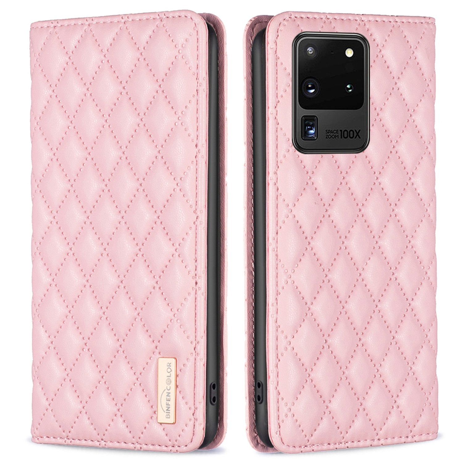 BINFEN COLOR BF Style-16 For Samsung Galaxy S20 Ultra PU Leather Card Holder Phone Case Rhombus Imprinted Magnetic Auto Closing Stand Cover - Pink