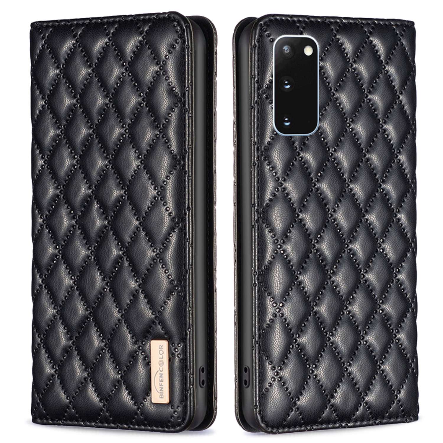 BINFEN COLOR BF Style-16 For Samsung Galaxy S20 4G / 5G Rhombus Imprinted PU Leather Stand Case Anti-scratch Card Holder Phone Cover - Black