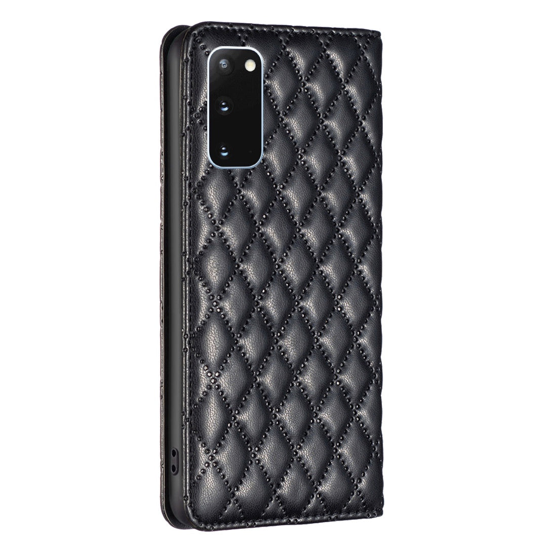 BINFEN COLOR BF Style-16 For Samsung Galaxy S20 4G / 5G Rhombus Imprinted PU Leather Stand Case Anti-scratch Card Holder Phone Cover - Black