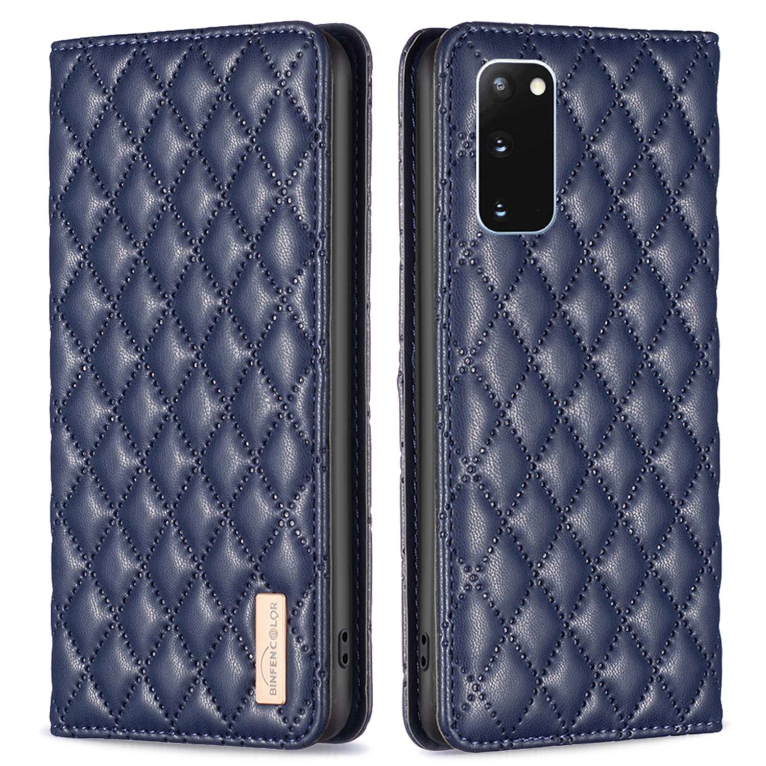 BINFEN COLOR BF Style-16 For Samsung Galaxy S20 4G / 5G Rhombus Imprinted PU Leather Stand Case Anti-scratch Card Holder Phone Cover - Blue