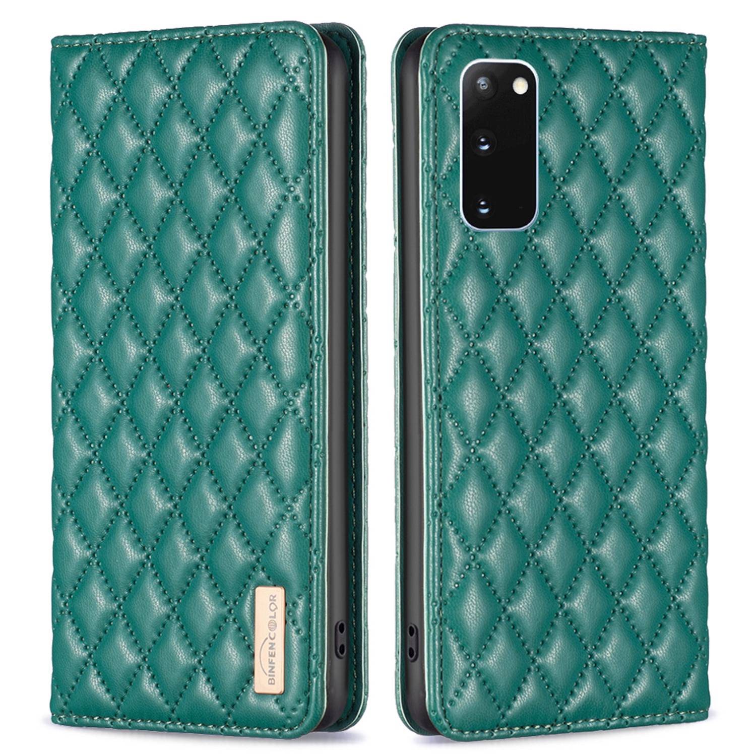 BINFEN COLOR BF Style-16 For Samsung Galaxy S20 4G / 5G Rhombus Imprinted PU Leather Stand Case Anti-scratch Card Holder Phone Cover - Green