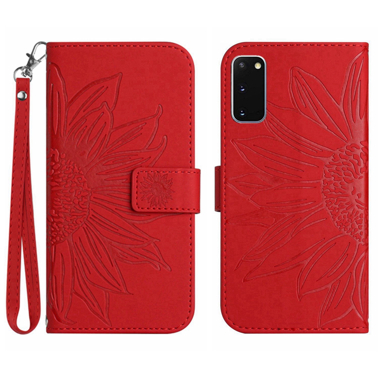 For Samsung Galaxy S20 4G / 5G HT04 Phone Case, Fully Wrapped Skin-Touch PU Leather Imprinted Sunflower Stand Wallet Cover with Hand Strap - Red