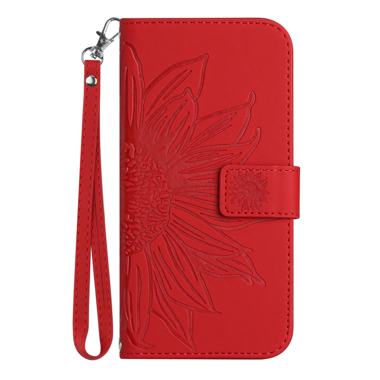 For Samsung Galaxy S20 4G / 5G HT04 Phone Case, Fully Wrapped Skin-Touch PU Leather Imprinted Sunflower Stand Wallet Cover with Hand Strap - Red