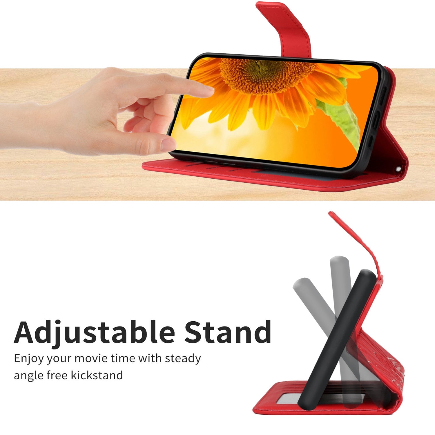 For Samsung Galaxy S20 4G / 5G HT04 Phone Case, Fully Wrapped Skin-Touch PU Leather Imprinted Sunflower Stand Wallet Cover with Hand Strap - Red