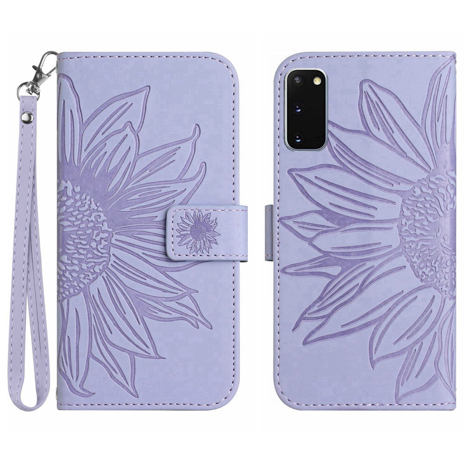 For Samsung Galaxy S20 4G / 5G HT04 Phone Case, Fully Wrapped Skin-Touch PU Leather Imprinted Sunflower Stand Wallet Cover with Hand Strap - Light Purple