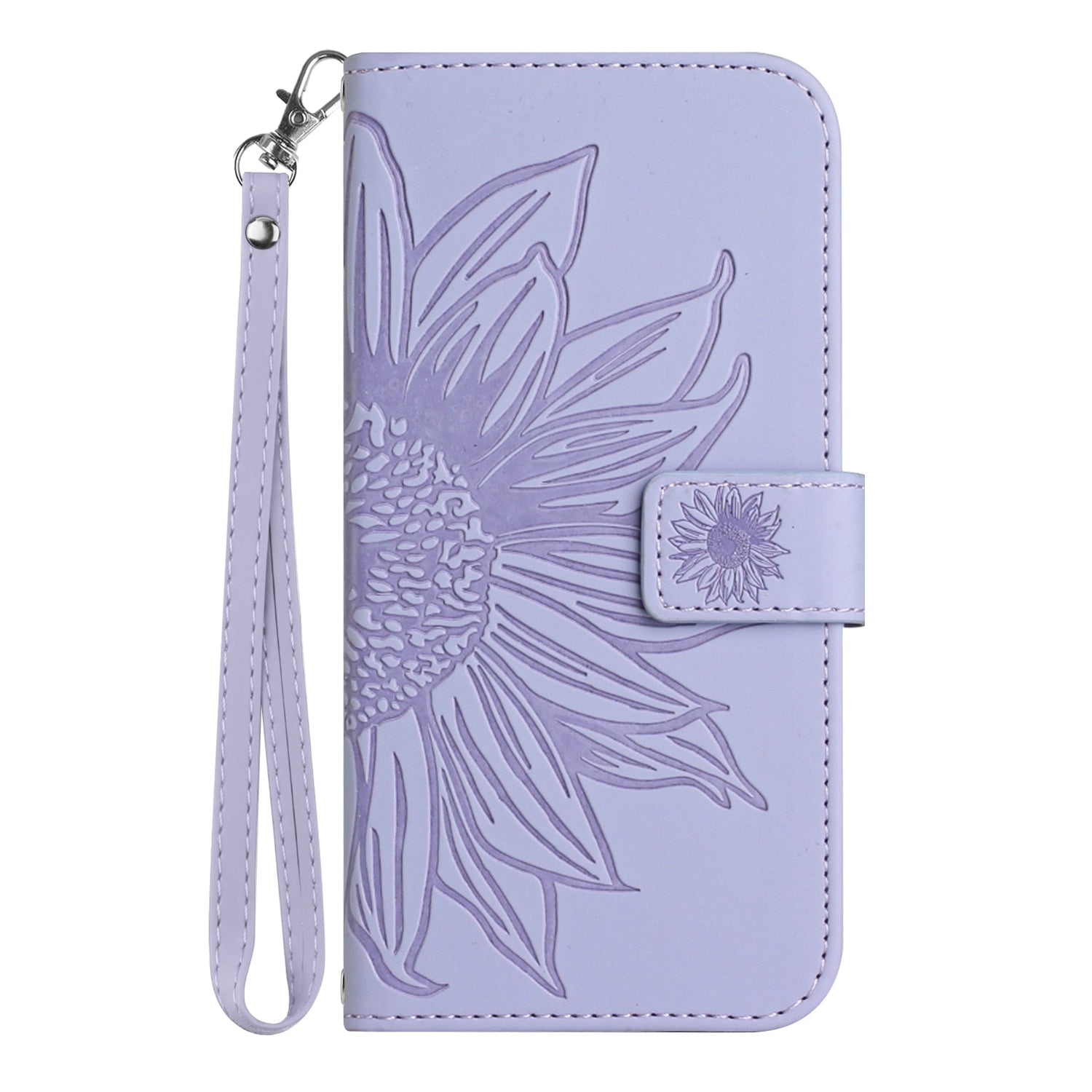 For Samsung Galaxy S20 4G / 5G HT04 Phone Case, Fully Wrapped Skin-Touch PU Leather Imprinted Sunflower Stand Wallet Cover with Hand Strap - Light Purple